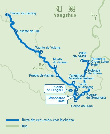 Mapa de excusión en bicicleta en Yangshuo